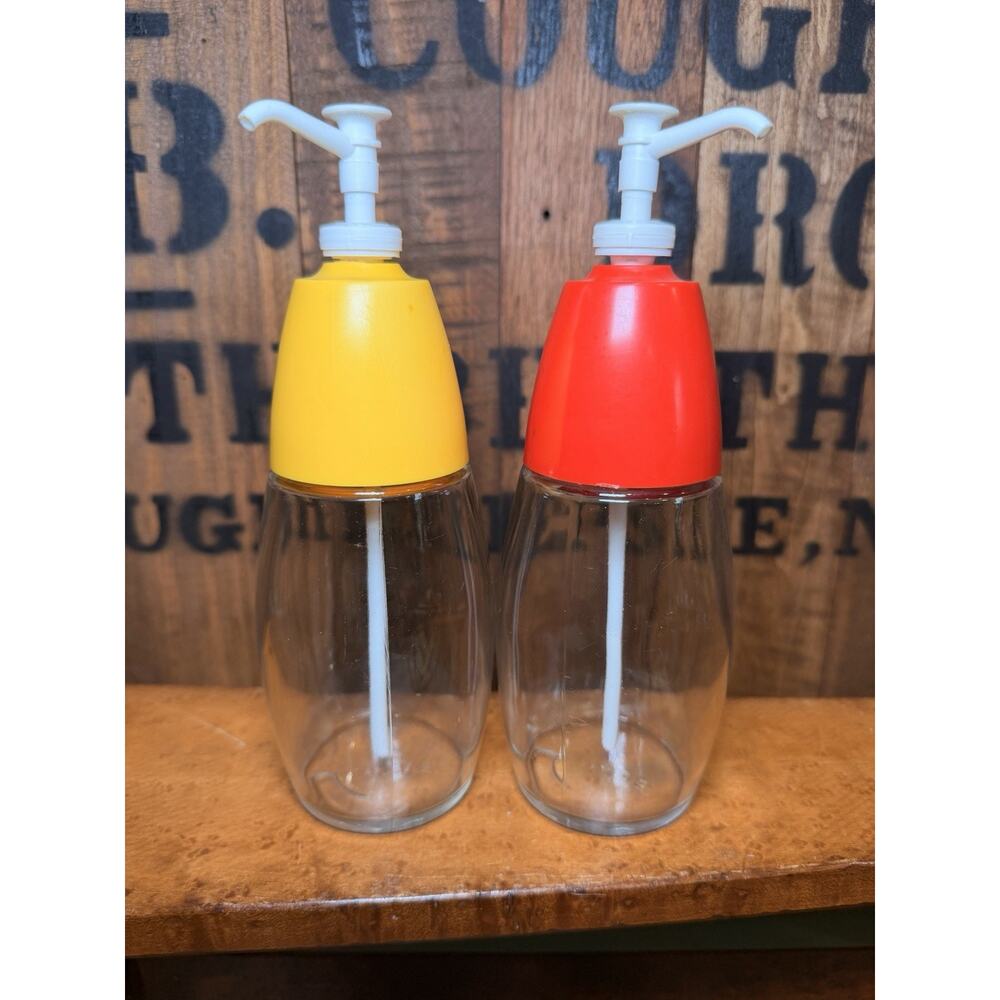 Vintage GEMCO Glass Red Ketchup Yellow Mustard Pump Dispenser USA Works